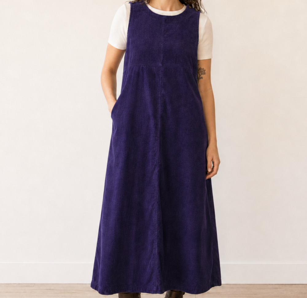 Corduroy Jumper Dress Midi Purple Pockets Size Medium Academia Fall Cottagecore